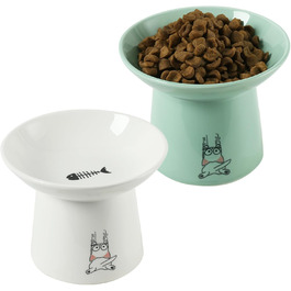 Керамічна миска для котів OMAYKEY з широким дном, 16,5 см, піднята миска для їжі та води, широка, плоска миска для котячого корму, захист від чутливості вусів, втоми, підтримка хребта, зелено-білий колір