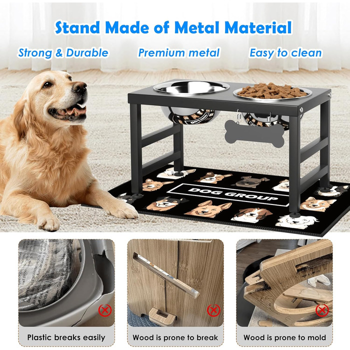 Підвищені годівниці для собак великих та екстра-великих порід, підставка для мисок з нержавіючої сталі (2 шт.) об'ємом 2,863 г та не проливаючим килимком, годівниця висотою 43,2 см для великих порід. Висота: 43 см (Висота мисок: 25 см, Чорний, L)