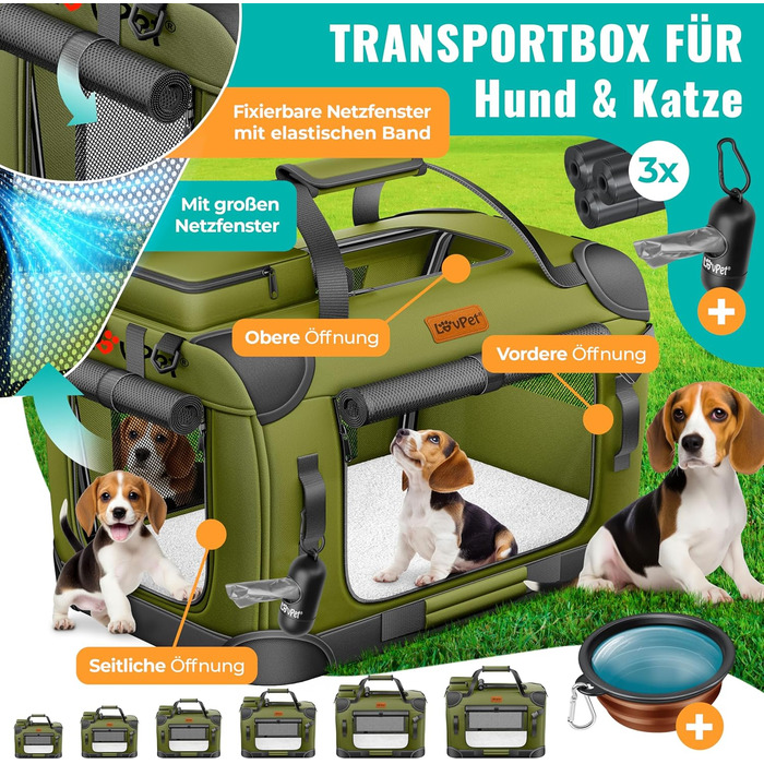 Транспортна переноска для собак та котів M 60x42x44см | Переноска для тварин Khaki | З мискою та плечовим ременем