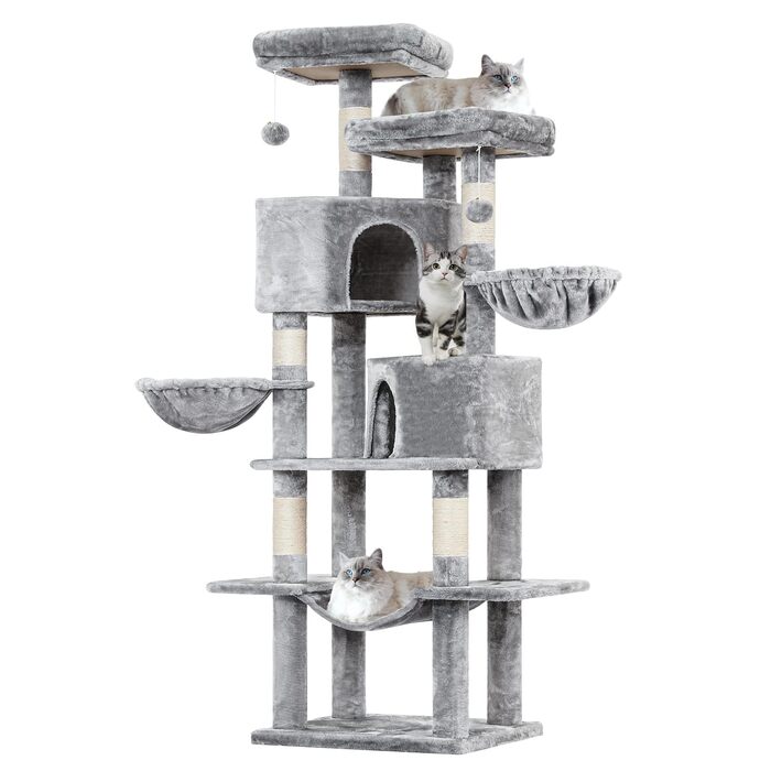 MSmask Котячий будиночок-кігтеточка великий, 180 см, з сизалевих стовпів, 2 платформи, 2 будиночки, кошик, гамак, стабільний, багатоповерховий, сірий