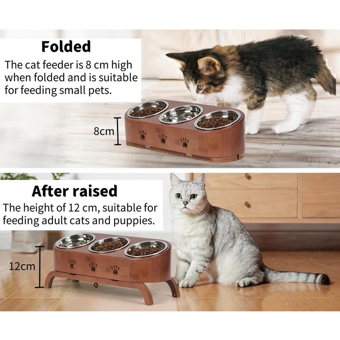 Набір мисок для котів JAZUIHA (3 шт.) з підняттям, ергономічні, 15° нахил, регульована висота, дерев'яний підставник, нержавіюча сталь Ø12 см, темно-коричневий