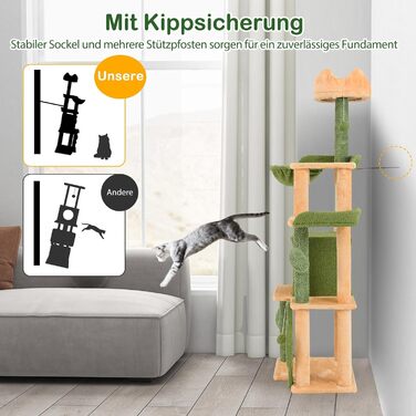 Драбина для котів COSTWAY Kaktus, 160 см, з будиночком, платформами, сизалевими стовпчиками, кошиком, дряпалкою та іграшками. Зелено-помаранчевий котячий комплекс