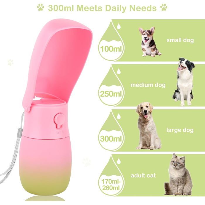 Подорожня пляшка для води для собак та котів JOPHEK 300мл з фільтром з активованого вугілля, зелено-рожева