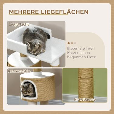 Дерев'яний кігтеточка PawHut для котів з будиночком, лежаком та кріпленням з джуту, до 8 кг, коричнево-білий, імітація кашеміру