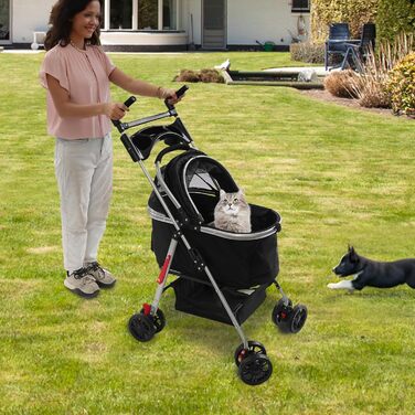 Візок для собак та котів, розкладний, до 12 кг, з кошиком та страхувальним тросом, чорний