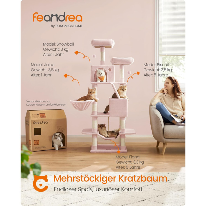 Когтеточка для котів Feandrea, 168 см, велика, з 13 когтеточковими стовпами, 2 платформами, 2 будиночками, гамаком, м'ячиками, PCT165W01, пастельно-рожевий