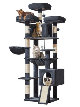 Котячий будиночок Taoqimiao 193 см XXL: великий, стабільний, з 2 будиночками, 7 стовпчиками для дряпання, гамаком та кошиком (MS047G, сірий)