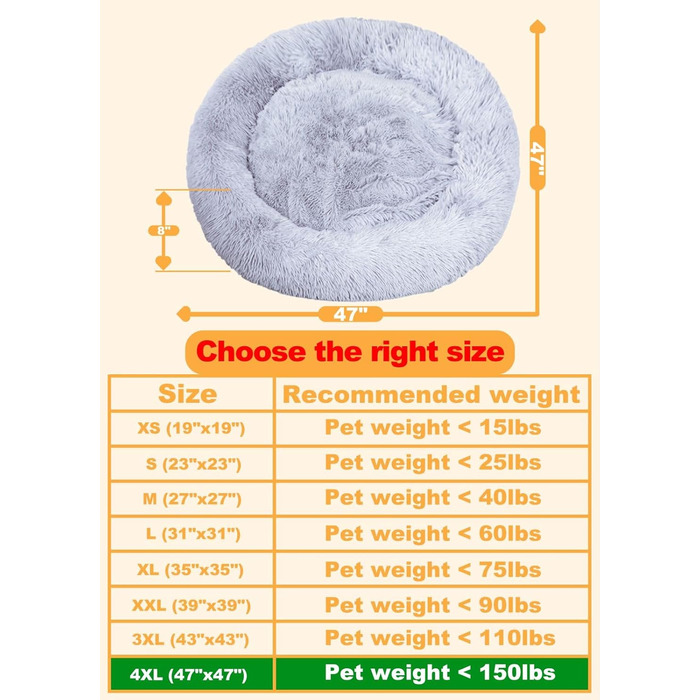 Кругле ліжко для собак та котів, м'яке, 4XL (120 см), сірий колір