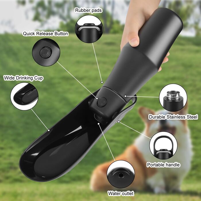 Водяна пляшка для собак на прогулянці - 750 мл, з нержавіючої сталі, подвійні стінки, вакуумна ізоляція, чорна, без витоку