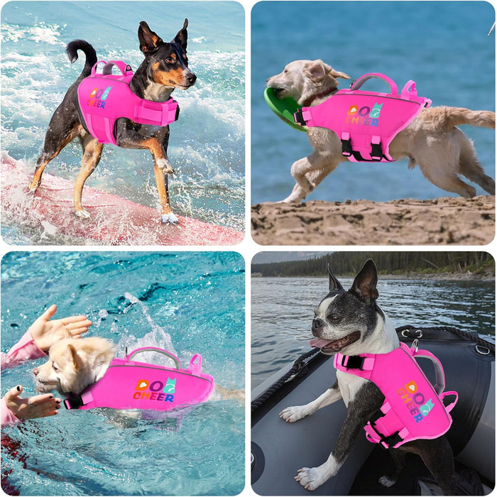 Жилет для плавання собак Dogcheer з подвійним рятувальним ручним захопленням, високою плавучістю, для човнів, плавання, з світловідбиваючими елементами, регульований, PFD для маленьких, середніх собак, рожевий