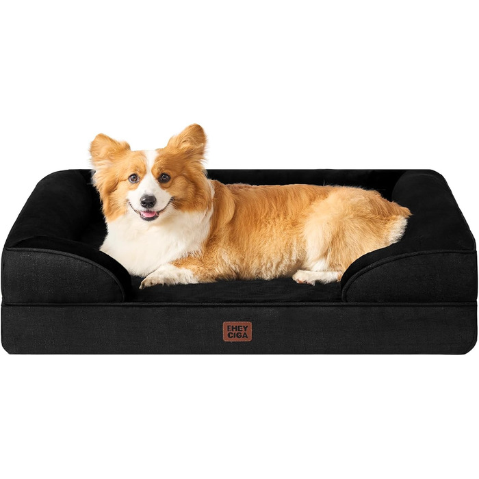Ортопедичне ліжко для собак EHEYCIGA, 76x51 см, Memory Foam, для собак середніх та маленьких порід, вологостійке, з високим бортиком, чорне (104x68.5x17 см)