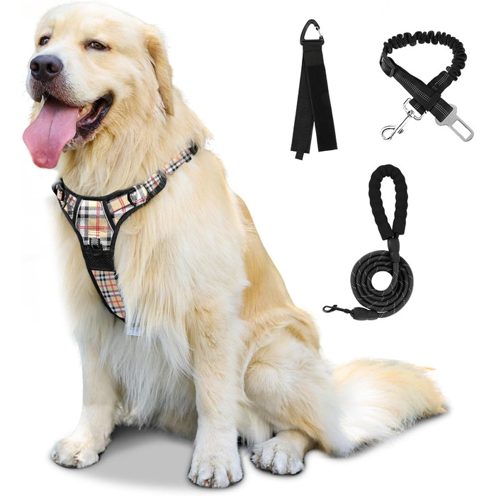 Шлейка для собак середнього розміру FURRYFECTION, антивитягуюча шлейка для собак, зручна та регульована, з тканини Оксфорд (Plaid Beige, S)