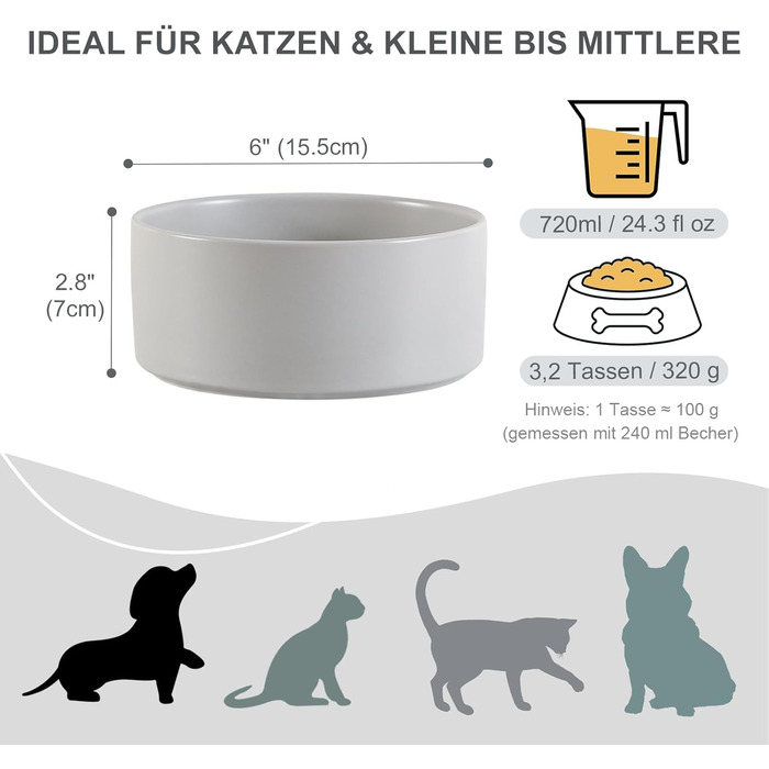 Керамічна годівниця для собак, миска для корму для маленьких та середніх собак, миска для води для великих котів, керамічна миска для корму та води, 15 см, 320 г / 720 мл, білий/сірий