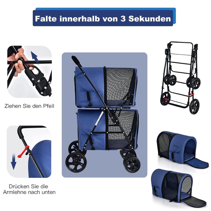 Візок для тварин GOPLUS 2-в-1: для кота та собаки, з відкидною конструкцією, 2 гальма, знімні кишені, блакитний
