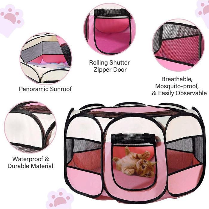 Клітка-бігове подвір'я для тварин BRIMOREA, 74x74x43 см, рожева. Підходить для собак, котів, кроликів та інших дрібних тварин, для дому та вулиці.