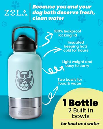 3-в-1 пляшка для собак з мискою та відсіком для ласощів, 1 л, Babyrosa | Без BPA, ізольована, для прогулянок