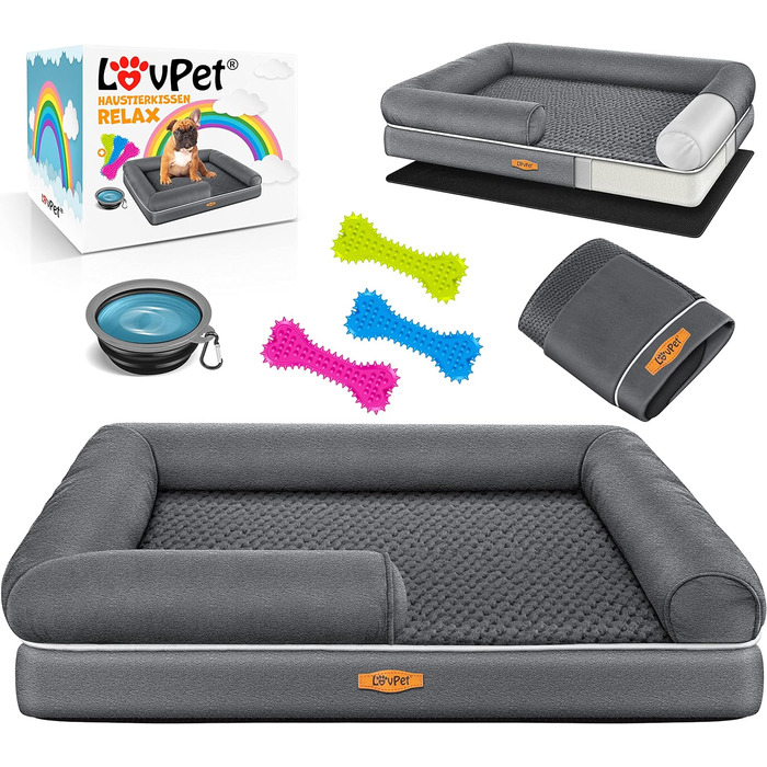 Ортопедичне ліжко-матрац для собак Lovpet Relax, комплект: миска + 3 жувальні кістки, диван-лежак для малих, середніх і великих собак, знімний і праний чохол, 91x71x22 см, антрацит