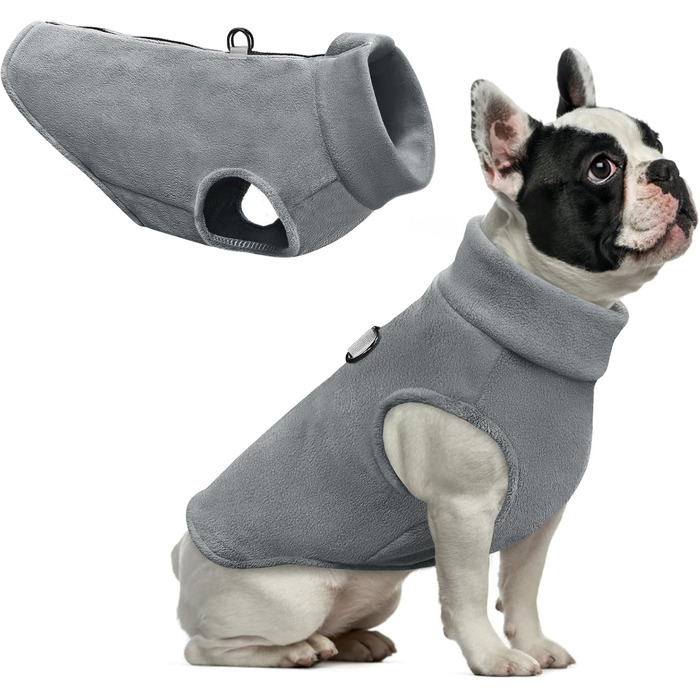 Тепла флісова жилетка для собак Idepet з блискавкою, зимова жилетка-пуловер для маленьких та середніх собак, з кільцем для повідка (Сірий, XXL)