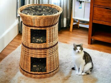 Кошик-будиночок для котів та собак із лози, круглий 50 см, три рівні, з темно-коричневою подушкою, натуральний колір