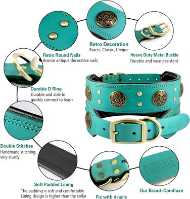 Нашийник для собак середніх порід Comfluxe з екошкіри, 5.1 см, міцний, з металевою застібкою, блакитно-зелений, з дизайном 