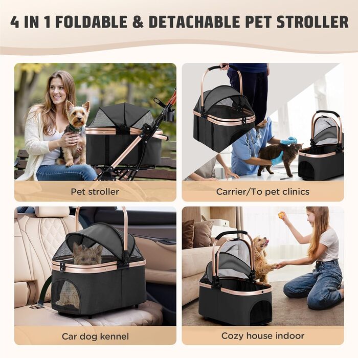 Трансформер для котів та собак Gimars до 20 кг, чорний: візок-переноска, 4-в-1, з гальмом, регульована ручка, дощовик