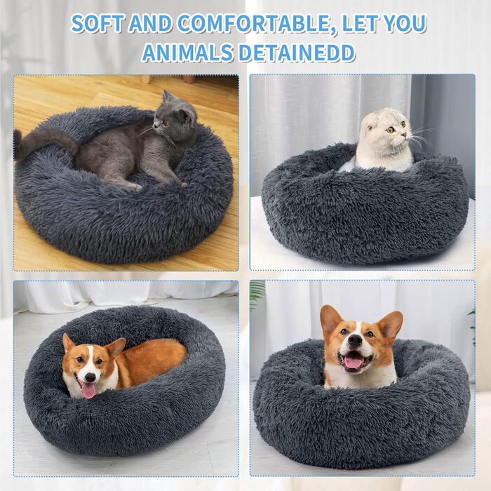 М'яке кругле ліжко для собак та котів 60 см – зручне лежанка-пончик для маленьких собак та котів, миється, не ковзає, плюшеве ліжко для тварин, сірий (L 50 x W 50 x H 20 cm, темно-сірий)