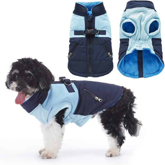 Зимовий теплий пуховик для собак Waerdichter Outdoor, для малих та середніх собак, з світловідбиваючими смугами та отвором для повідка (BLAU, S)