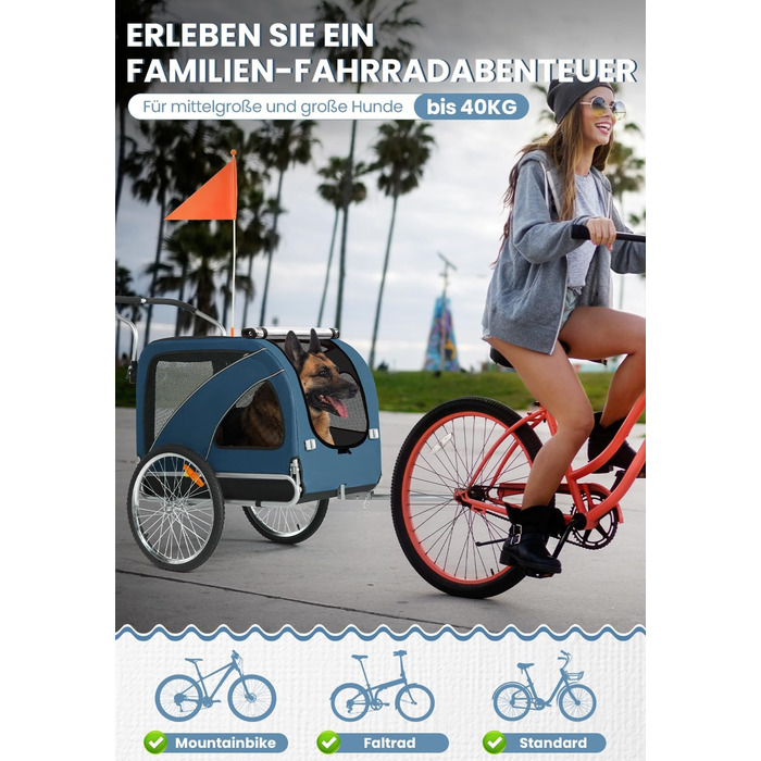 SEPNINE® Причіп для собак XL 2-в-1, велосипедний та візок для собак до 40 кг, складний з гальмами та зчіпним пристроєм, для середніх та великих собак – блакитний