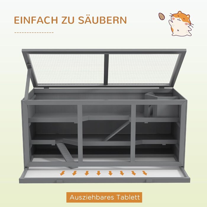 Клітка для гризунів PawHut, з рампою та вигнутою гіркою, відкидна верхня частина, знімний піддон, дерево сосна та PS пластик, 115 x 60 x 55 см (Сірий)