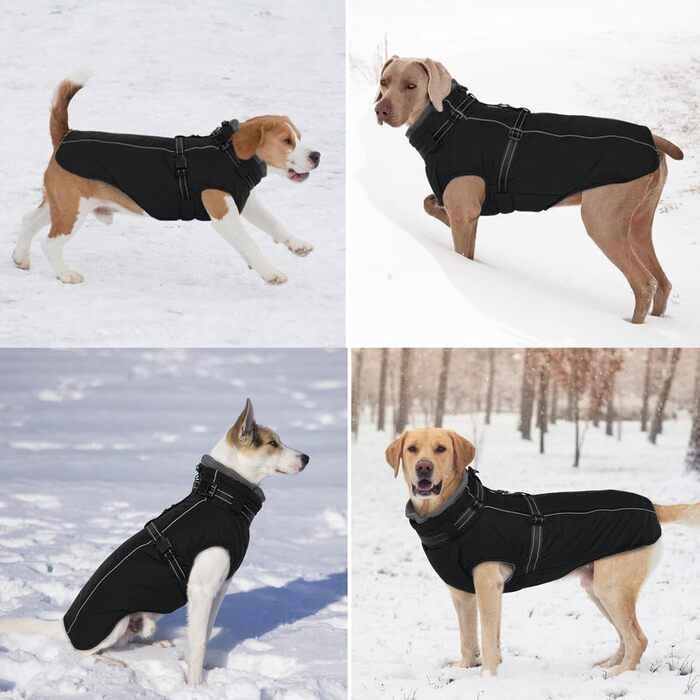 Зимовий одяг для собак Lelepet: теплий, вільний від вітру, з інтегрованим шлейкою, з флісовою підкладкою, світловідбиваючий, чорний, 3XL