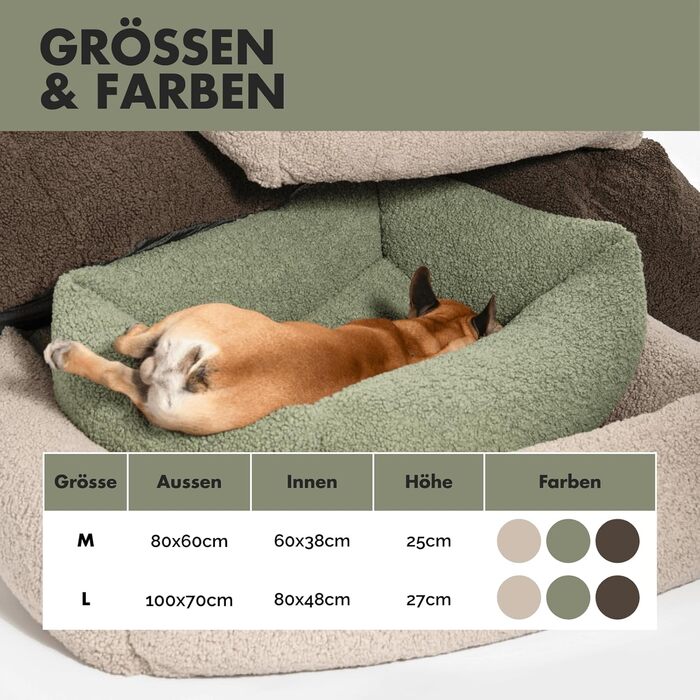 PAW WOW Sven: Ортопедичне ліжко для собак | З м'якої тканини-тедді | Для маленьких, середніх та великих собак (Оливковий, 80x60 см)