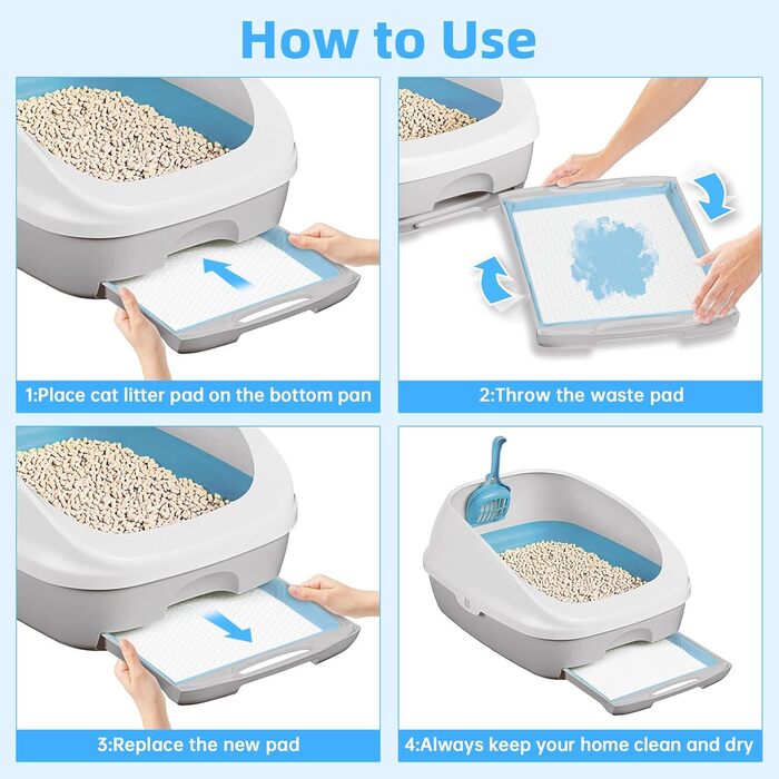 Певзон: 50 пелюшок для котячого туалету, 45x33 см, для котячих туалетів, всмоктуючі пелюшки для котів, 6-шаровий, витримують протікання (блакитні)