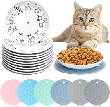 Набір мисок для котів Thenshop (6 шт.) з антиковзними килимками, керамічні годівниці, для котів, кошенят, цуценят, кроликів та хом'яків, білий, блакитний, світло-блакитний, сірий, зелений, рожевий, світло-сірий, класичний стиль