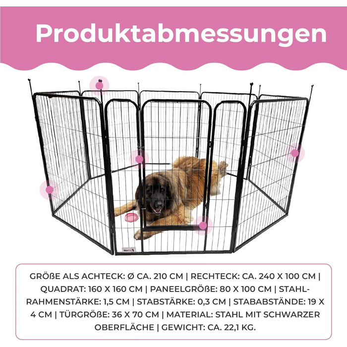 MaxxPet вольєр для цуценят, металевий манеж для собак, загородження для дому та вулиці, складний, 8 панелей 100x80 см, чорний, Ø 210 см