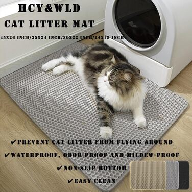 Килимок для котячого туалету HCY&WLD, великий, двошаровий, EVA, нековзкий, водонепроникний, стійкий до сечі, легке очищення, для контролю наповнювача, 114x66 см, чорний