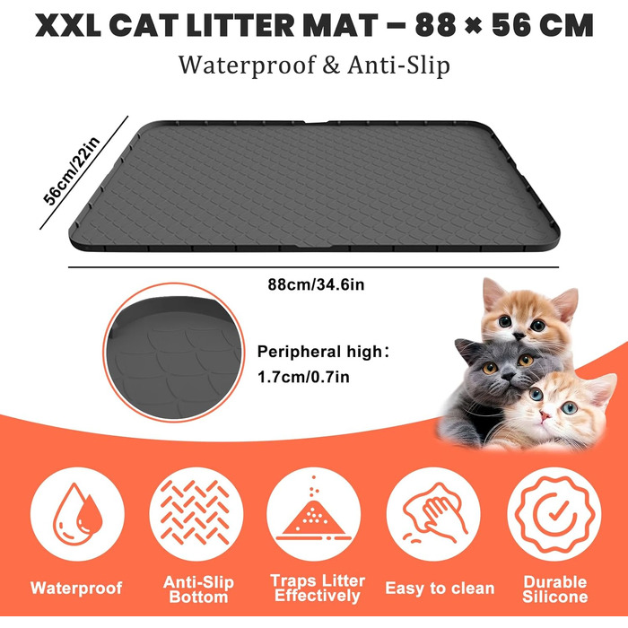 Килимок для котячого туалету Silikon Katzenklo Matte XXL 88x56 см, чорний – водовідштовхувальний, антиковзкий, легко чиститься, для багатоквартирних домівок