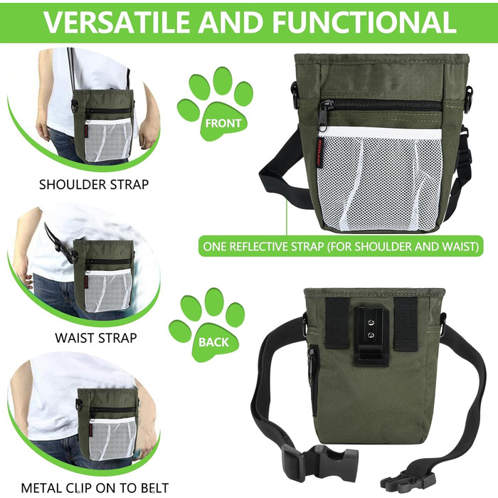 Сумка для ласощів для собак з магнітною застібкою, сумка для тренування тварин, велика сумка для ласощів та клікер для собак, сумка для тренування з інтегрованим зеленим кольором