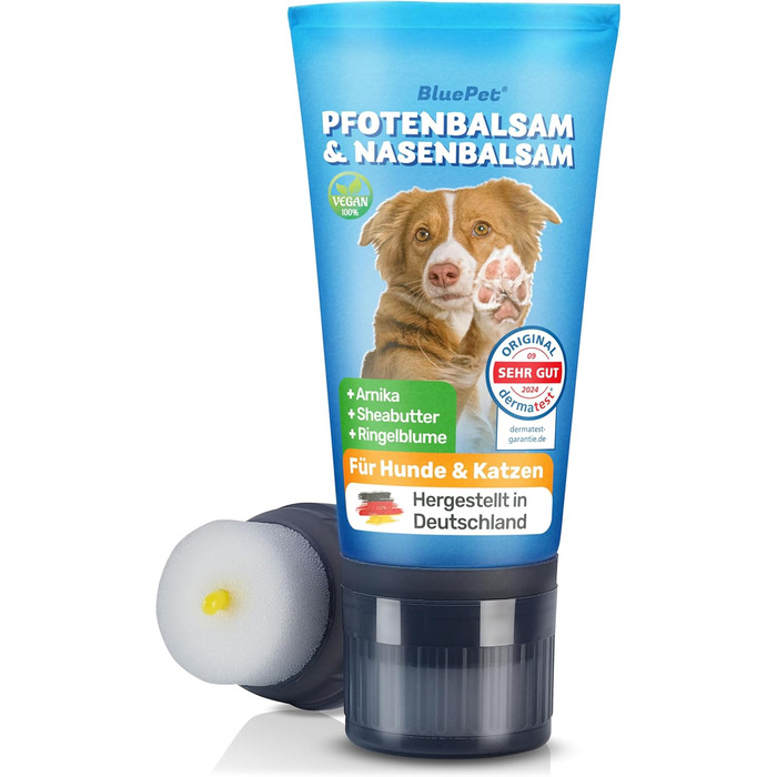 Балсам для лап собак та котів BluePet Schnelleinziehender, 50 мл. Зцілює та регенерує сухі, потріскані лапи та ніс. Містить арніку, календулу та ши. Ідеальний для догляду за лапами та носом.