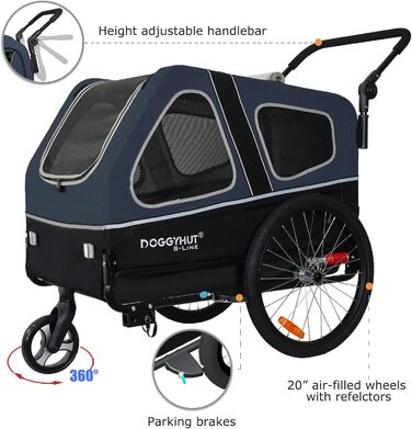 Doggyhut S-Line XL: велосипедно-колясочний візок для собак, 2 в 1, до 45 кг, блакитно-чорний