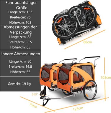 Трансформер для собак XL: велосипедний/біговий, 2-в-1, з гальмом та світловідбивачами, 600D Oxford, до 40 кг (Помаранчевий)