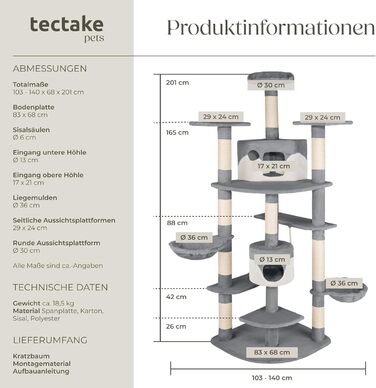 Великий котячий дряпак tectake® XXL з іграшками та аксесуарами, два будиночки для котів, ігрова вежа з сисалевими стовпами, сірий/білий