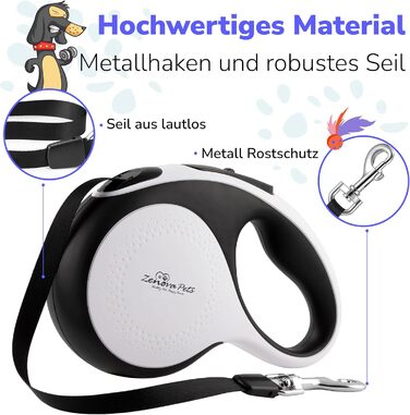 Рулетка для собак Zenova Pets 5м з тримачем для відходів, нейлоновий поводок 360°, антиковзний руків'я та кнопка швидкого гальмування. Підходить для собак великих, середніх та малих порід до 30 кг
