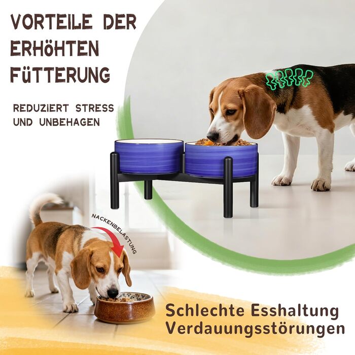 Керамічна годівниця для собак на підставці з нержавіючої сталі - подвійна годівниця для маленьких та середніх собак, антиковзаюча, для корму та води, 350г/660мл, 15см, блакитна