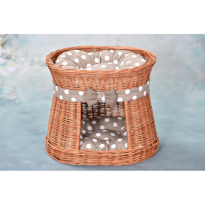 Кішка Будка Кругла Натурального Кольору: Двоярусний Корзинка для Кішки з Велюровою Подушкою, Корзинка з Плетеної Вельветової Лози, Кішка-Тур, Меджовтий Колір