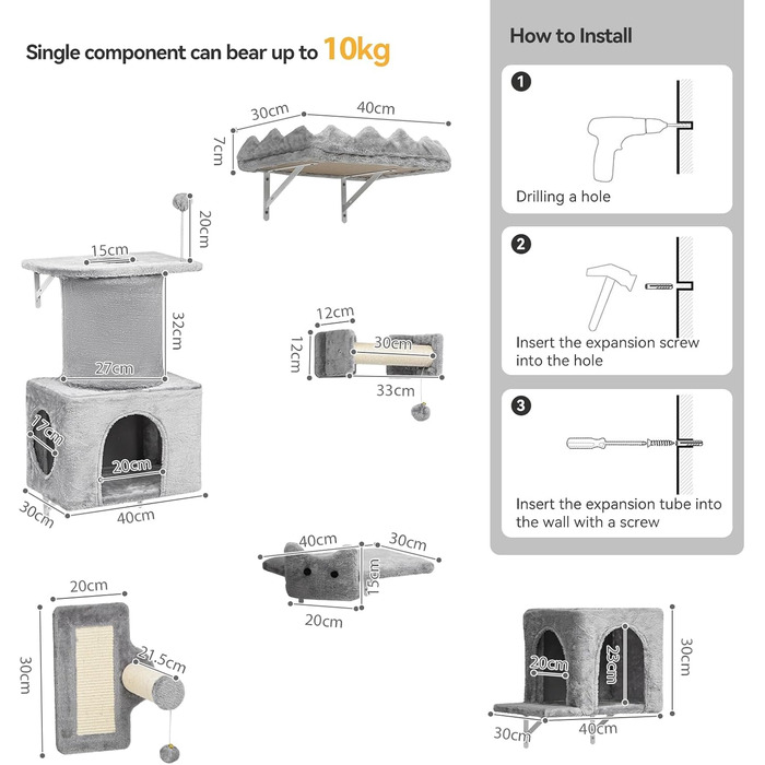 Комплекс для котів BYBYME з гамаком, ліжком та когтеточками, 6 предметів, сірий