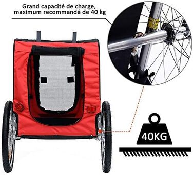 Дитячий причіп 2-в-1 для велосипеда з функцією бігу, причіп для собак середніх порід, вантажопідйомність до 40 кг (червоний / чорний)