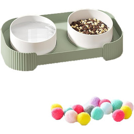 Дві миски для котів білого кольору, запобігають болю в шиї, миска для домашніх тварин, знімна, проти блювоти, керамічна миска, запобігає перекиданню, миска для корму котів з іграшковим м'ячиком, для кошенят, цуценят, собак, зелена, 33*17*6 см