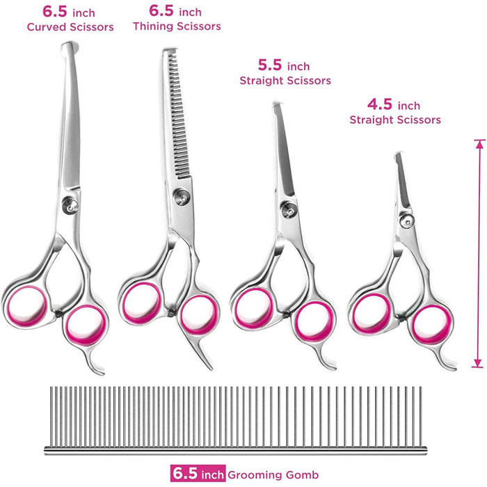 Набір професійних ножиць для собак з безпечним круглим наконечником, для грумінгу та стрижки шерсті. З набором для фінальної обробки. Підходить для собак та котів. Нержавіюча сталь, рожевий колір