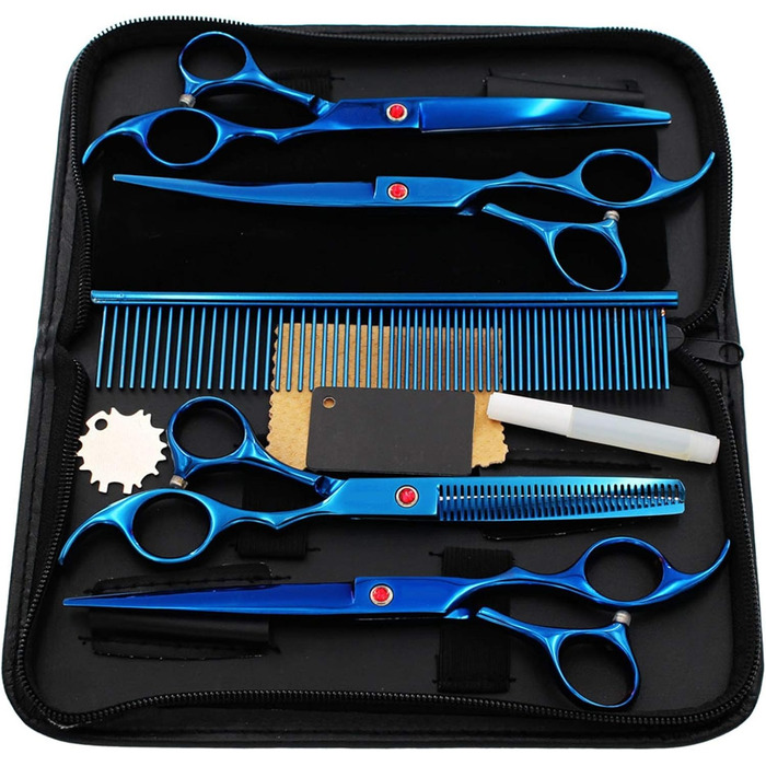 Професійний набір ножиць для грумінгу собак та котів, нержавіюча сталь, прямі, розріджуючі та вигнуті ножиці, гребінець, етиуль