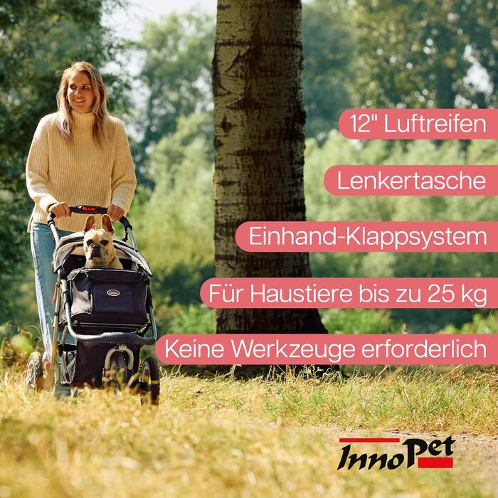 Візок для собак Innopet Comfort Air Eco чорного та срібного кольору – візок для собак/кішок з 30 см повітряними колесами, складаний, для лісових доріжок, світловідбиваючі смуги, органайзер, матеріал з переробленого нейлону